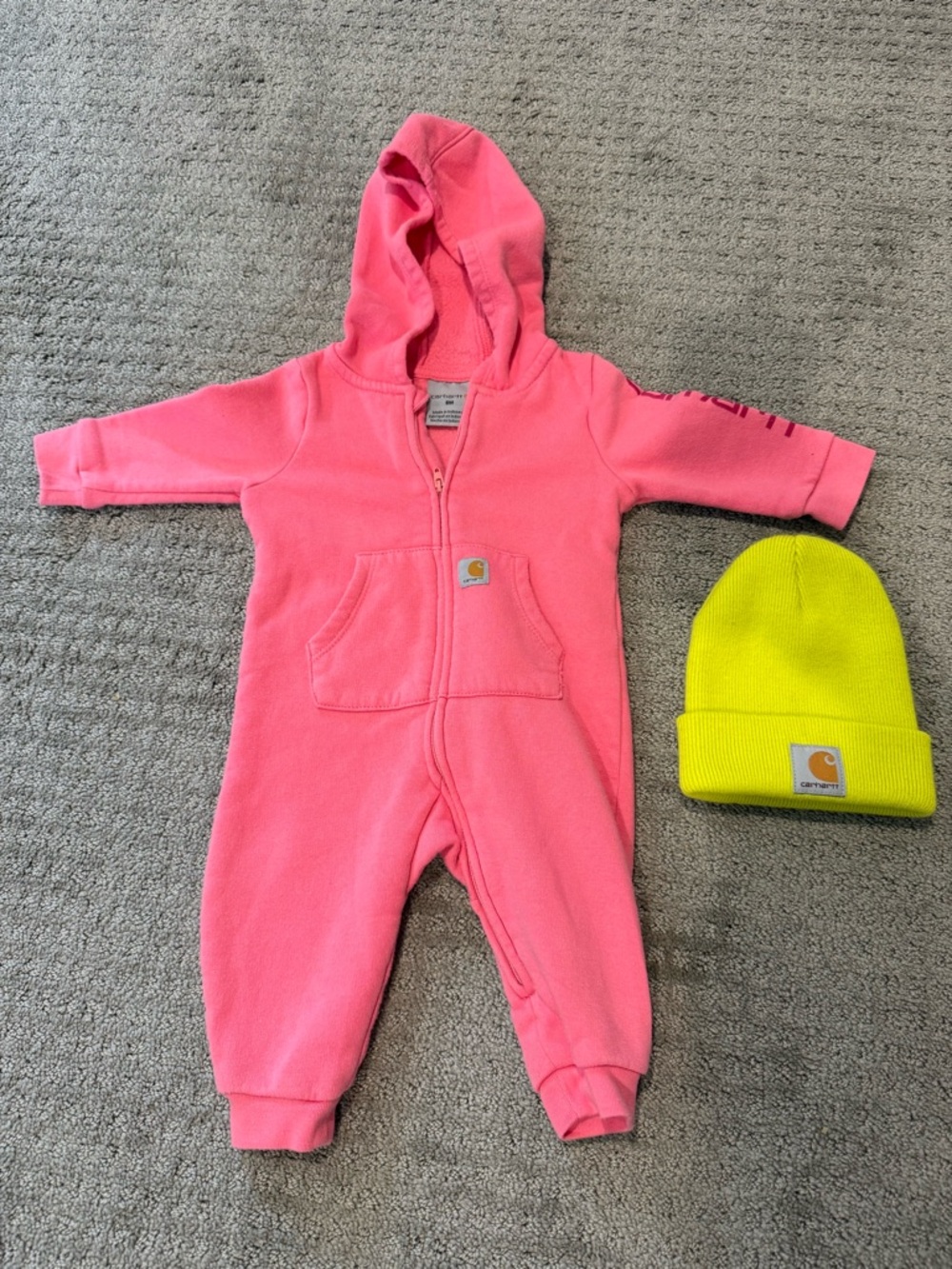 Carhartt Pink Hooded One-Piece Romper with Neon Yellow Beanie